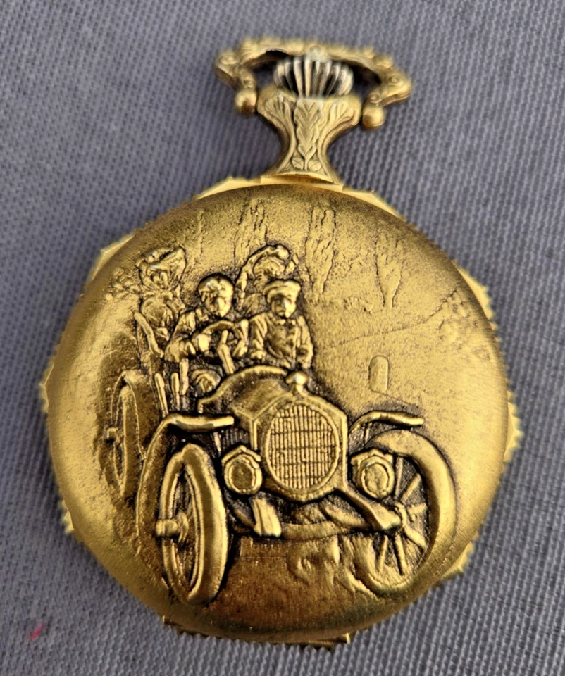 Majestime skeleton pocket watch gold tone working, car motif, engraved inside... - Image 2 of 4