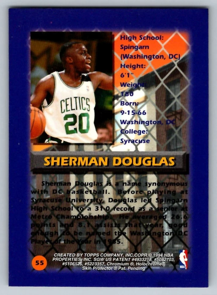 1994-95 Topps Finest #55 SHERMAN DOUGLAS City Legends Refractor Boston Celtics - Image 3 of 3