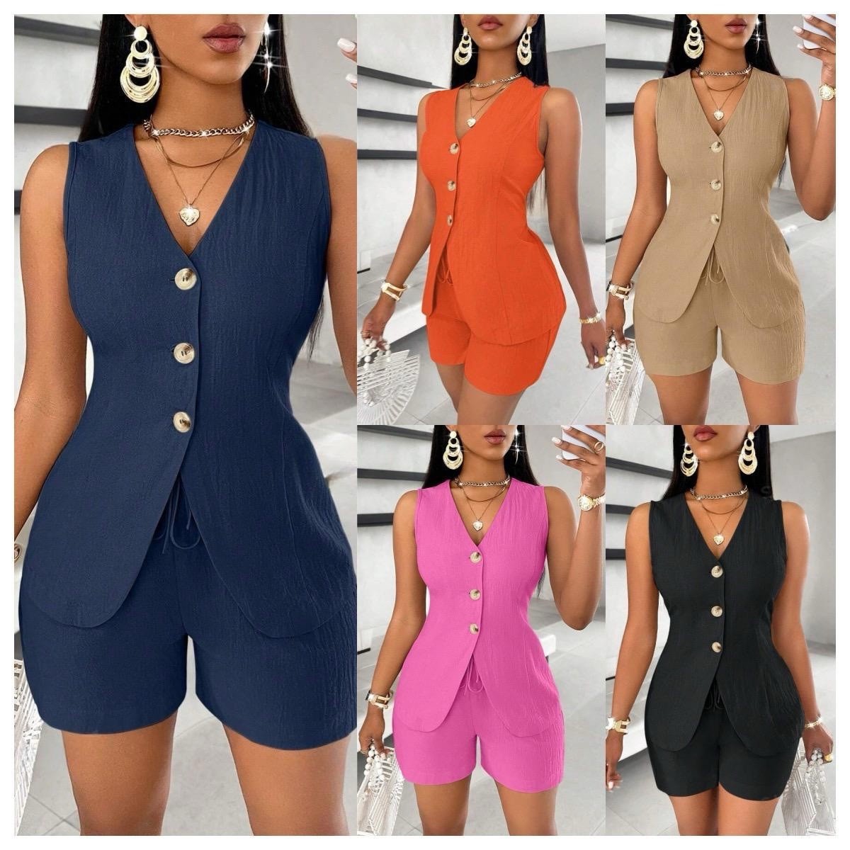 Women's 2 Piece Summer Outfit Sleeveless V-Neck Button Down Vest And Shorts Set