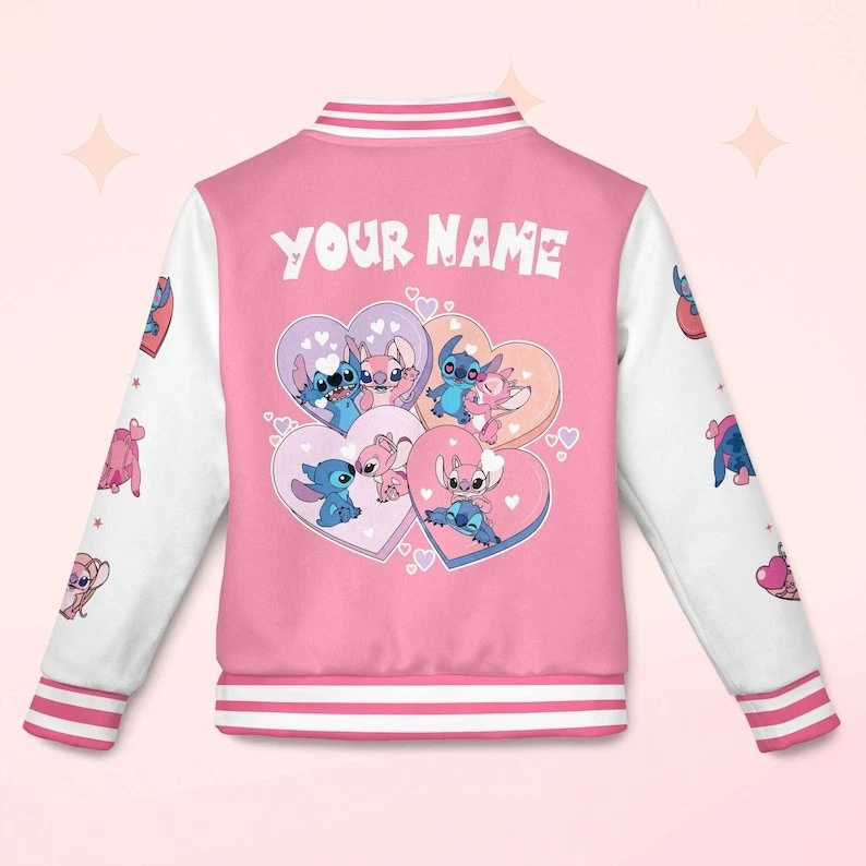 Personalized Stitch & Angel Couple Valentine Birthday Gift Baseball Jacket