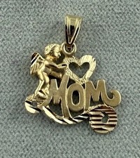 14k Yellow Gold MOM with Heart and Angel Pendant Perfect Gift For Mom Very Nice