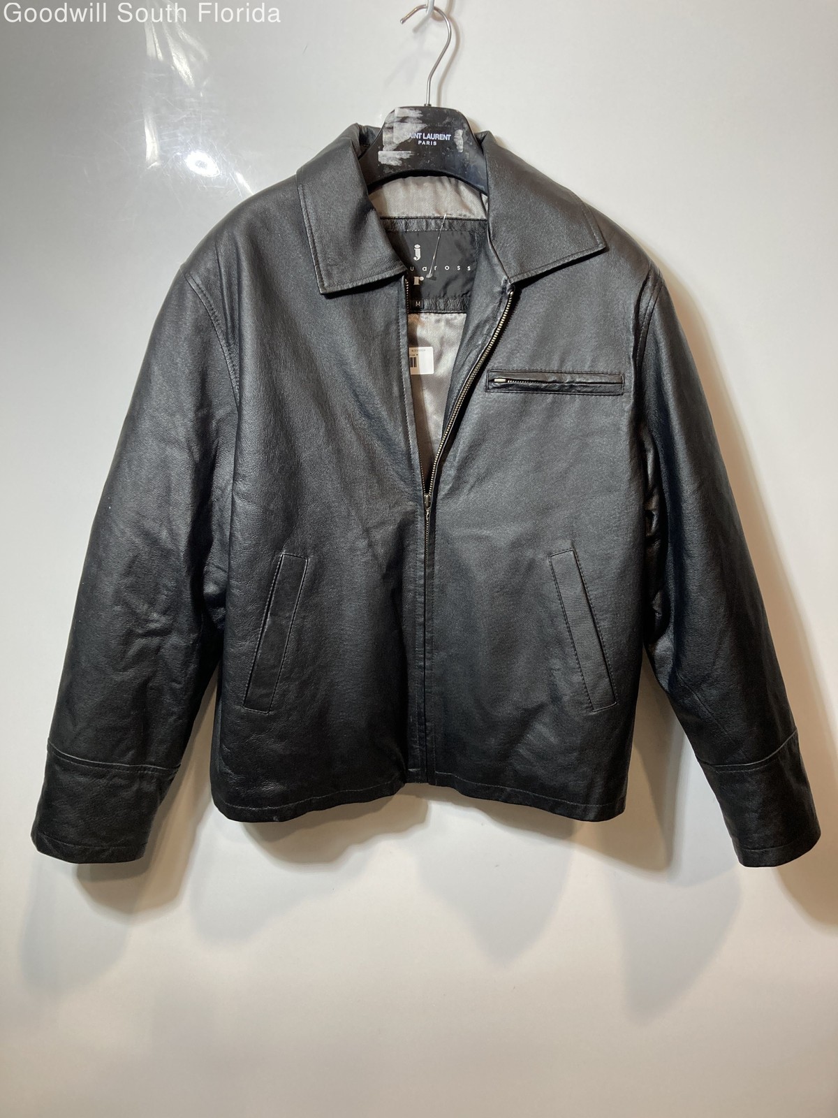 Joshua Ross Mens Black Leather Collared Long Sleeve Full-Zip Jacket Size M