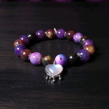 Crystal Purple Gemstone Beaded Bracelet With Heart Charm, Round Beads