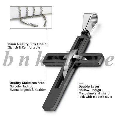 Stainless Steel Prayer Cross Double Interlocking Ring Men Women Pendant Necklace