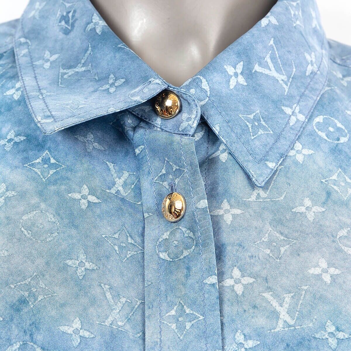 67240 auth LOUIS VUITTON blue silk MONOGRAM CLOUD MASCULINE Button Up Shirt  42 L