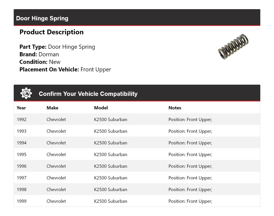 For 1992-1999 Chevrolet K2500 Suburban Dorman Door Hinge Spring Front Upper 1993 - Image 2 of 4