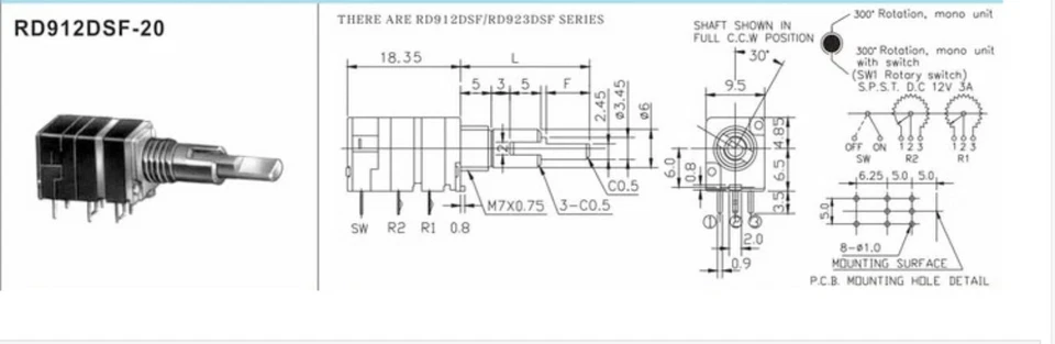 Potenciómetro de precisión 2 piezas RD912DSF-20 eje doble B100K con eje de interruptor Foto 3 de 3