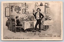 Waiter Takes Compassion David Copperfield B&W~Charles Dickens Vintage Postcard