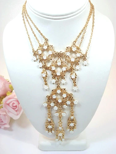 Vintage VENDOME Jewelry  Costume Enamel Gold Tone Floral Necklace