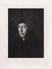 Fantastic 1800s JAN VAN EYCK Antique Print "Dark Portrait of a Man" FRAMED COA