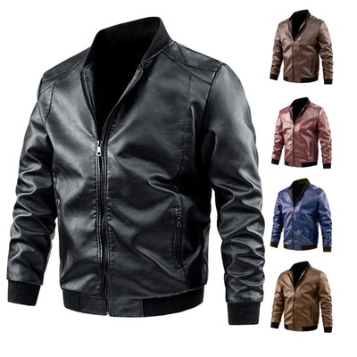 Plus Size Men's Winter Casual Solid Faux Leather Jacket Warm Zip Stand Up Coat