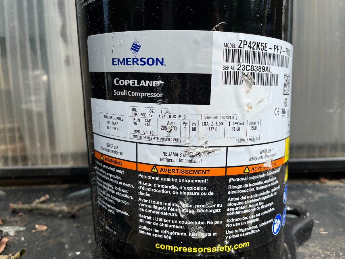 Copeland Emerson 3.5Ton Scroll Compressor ZP42K5E-PFV-7M2 1PH 208