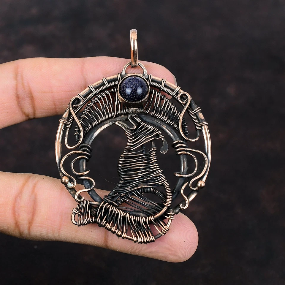 Colgante de cobre para cumpleaños hija de cumpleaños perro envuelto en alambre de piedra solar azul natural Foto 2 de 4