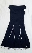 Evanese M Black Sleeveless Dress with White Ribbon Trim Ruched Body