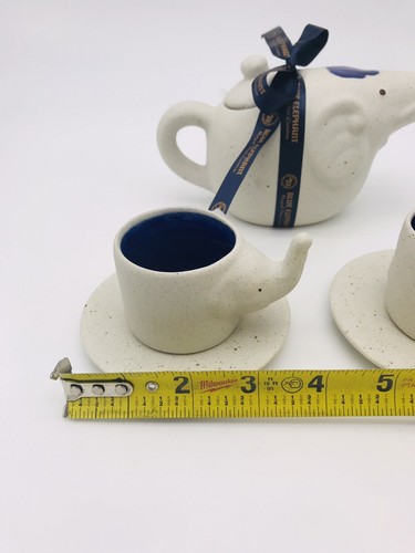 Blue Glaze Pottery Blue Elephant Tea Pot Set with 2 Miniature Cups & Plates - Picture 11 of 12