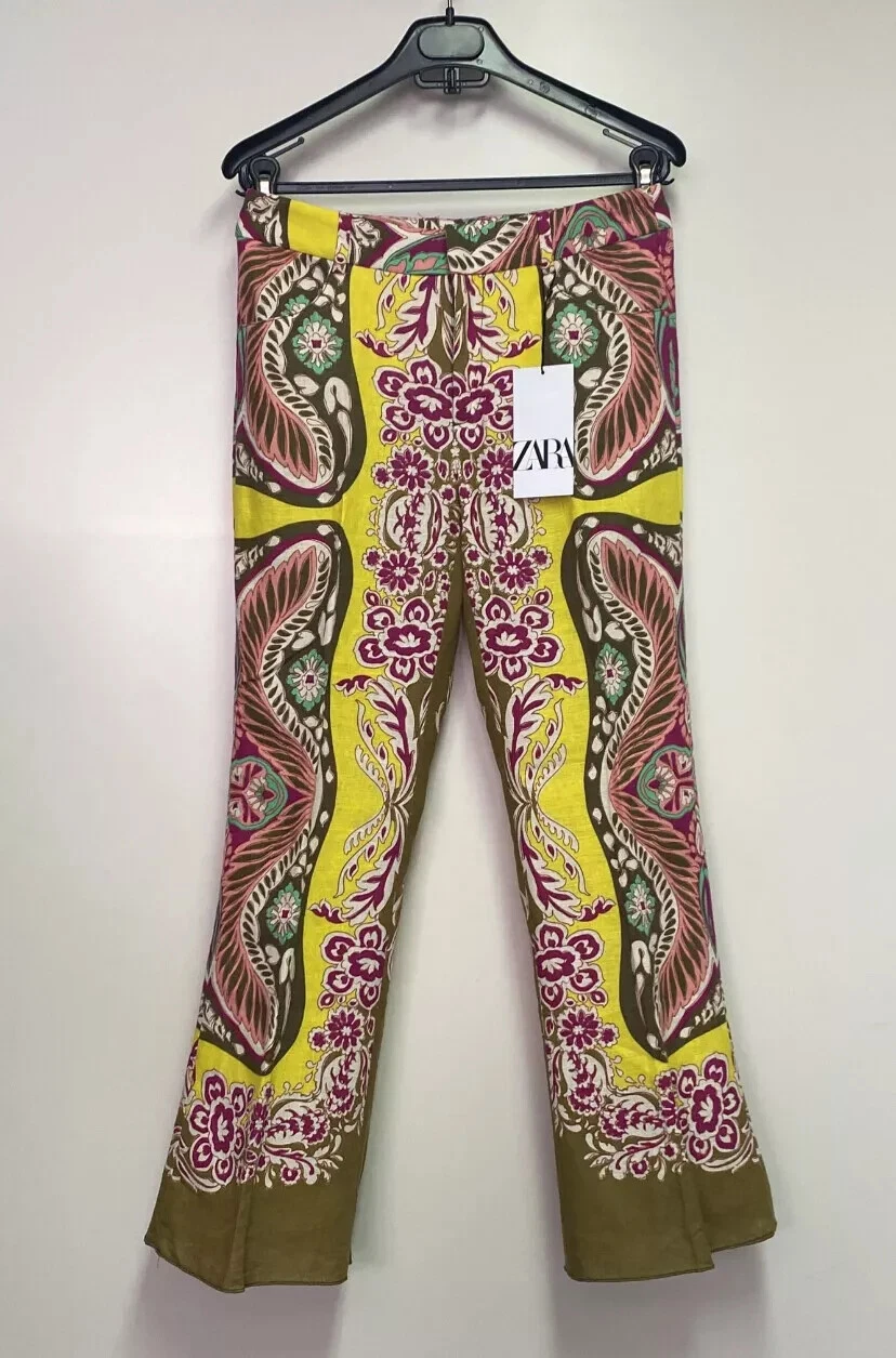 NEW ZARA WOMAN MID WAIST CROPPED FLARED LINEN BLEND TROUSER PANTS SIZE XS Y884