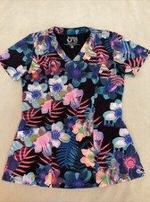 Barco Xs Scrub Top Black Floral Active Stretch