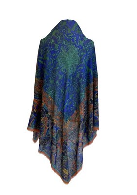 S3# Lanvin Paris Large Wool Shawl Scarf Blue Green Paisley Floral Fringe Italy