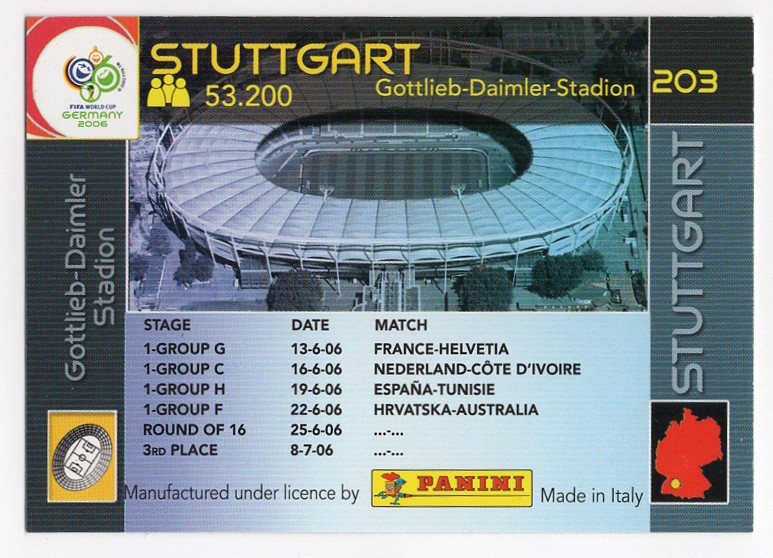 203. Stuttgart (Stadium) Panini FIFA World Cup Germany 2006 Card