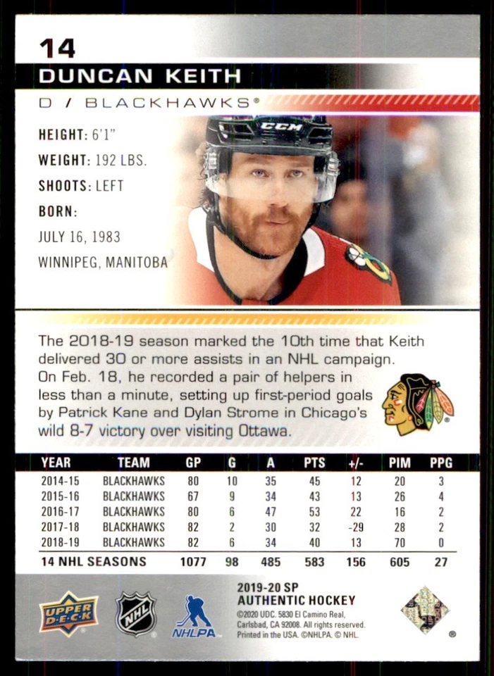 2019-20 SP Authentic Duncan Keith #14 - Image 2 of 2