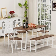 Modern 6-Piece Metal Frame Dining Set with Bench & Wood Kitchen Table & 4 Chairs