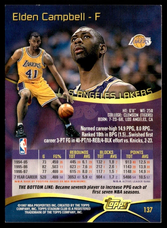 1997-98 Stadium Club Elden Campbell Los Angeles Lakers #137 - Image 2 of 2