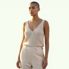 Helmut Lang Womens Ivory Open Knit V-Neck Tank Top Italian Yarn Pointelle Medium