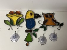 VINTAGE Stained Glass Suncatchers Lot of 3 Frog Toucan Owl Medium w/ Hangers
