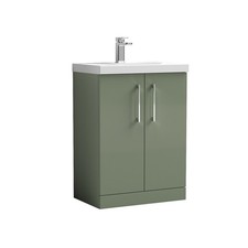 Image of Nuie Arno Satin Green 600mm 2 Door Vanity Unit and Thin Edge Ceramic Basin - ARN