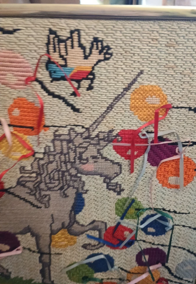 Vtg SWEET Completed Cross Stitch Purple Unicorn Bird Balloons Ribbons Framed 14" - Image 4 of 4