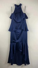 Lumier by Bariano Dress 14 Navy Satin Halter Ruffle Peplum Mermaid prom Long