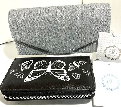 Gina Concepts Silver Glitter Clutch and Butterfly Wallet -Buying Both -New-Tags
