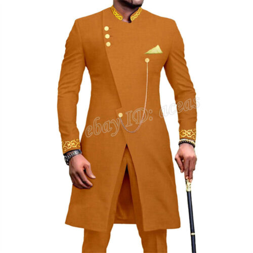 Men African Suits Partt Embroidery Jacket and Pants 2 Piece Set Formal Outfits - Picture 4 of 36