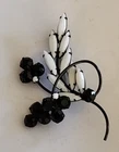 VTG Mid Century Brooch Pin Black Japanned White Milk Glass and Black Floral