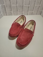 Lands End Women's Size 8 Red Suede Leather Sherpa Lined Moccasin Slippers