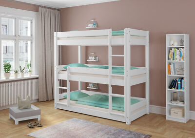 Letto a castello triplo bianco per adulti 90x200 in pino massello