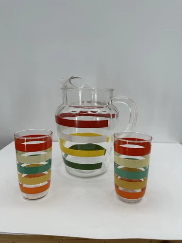 VTG Anchor Hocking Pitcher Red White Yellow Green Stripes Ribbed Handle 2 Glass