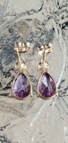 Amethyst Labcreated Pear Cut& White Sapphire Stud Earrings 14kt Solid YellowGold - Picture 4 of 12