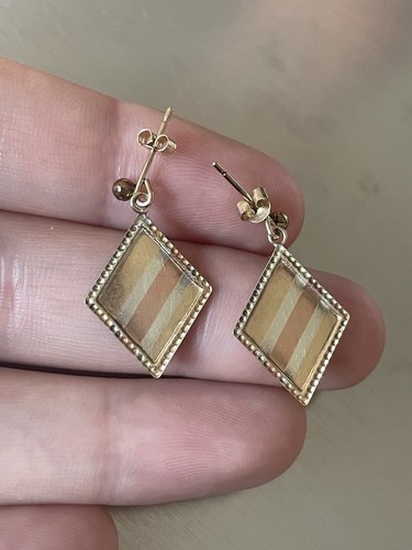 Vintage 9ct 375 Tri Gold Diamond Shape Cut Plant Drop Dangle Stud Earrings 0.85g - Picture 3 of 4