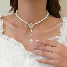 Fashion Camellia Faux Pearl Necklace Flower Clavicle Chain Charms Jewelry Gift