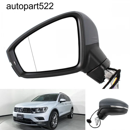 Left Driver Side Mirror Primer Color For VW Tiguan 2018-2022 Turn Light Heated