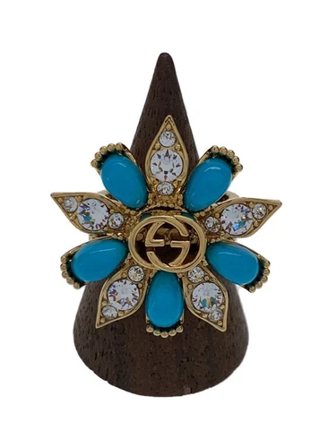 GUCCI Anello Tripla GG Acciaio Inox Strass Oro Donna Blu