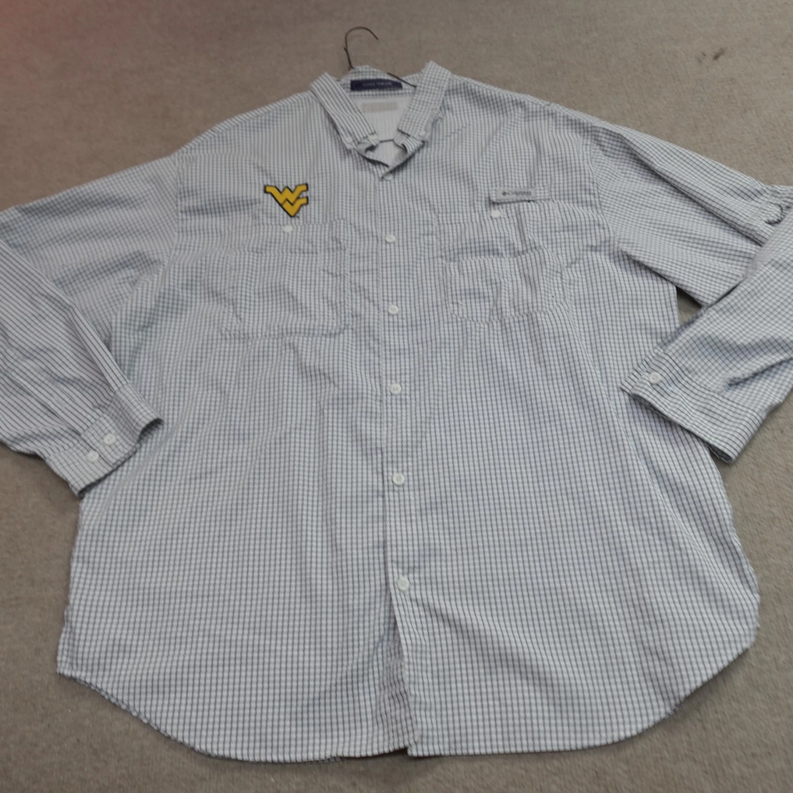 Columbia Super Tamiami Shirt 2XL White Plaid West Virginia Embroidered