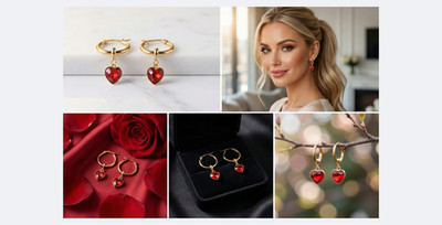 Aretes de Argolla Dorados con Corazón Rojo de Cristal Acero Inoxidable Elegantes