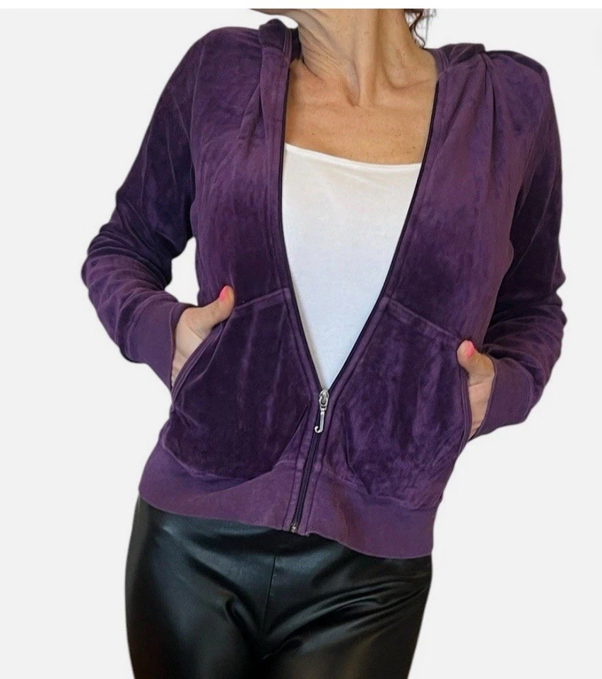 De Colección Y2K Juicy Couture Para Mujer Grande Púrpura Terciopelo Sudadera con Capucha Cremallera Chaqueta de Pista L Foto 3 de 4