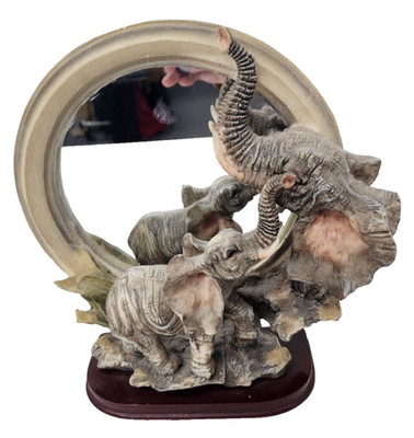 Vintage Elephant Sculpture 3D Framed Mini Accent Mirror Free Standing Round