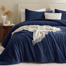 Navy Flannel King Comforter Set - Cozy 3-Piece Bedding for Winter
