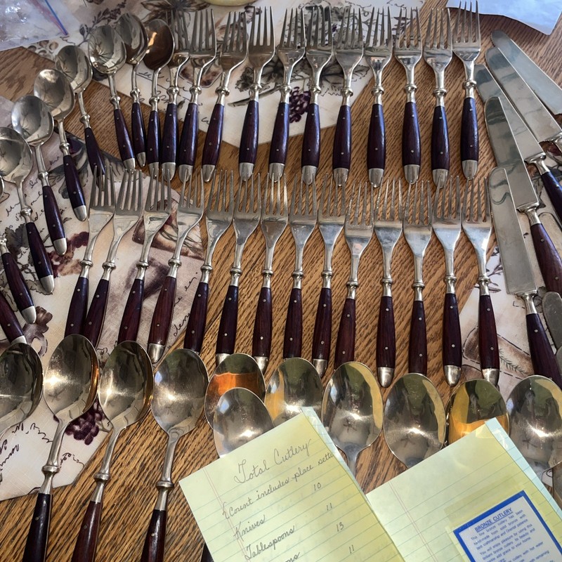 Vintage  Bronze & Rosewood Flatware Thailand Place Settings   Total Pieces 59