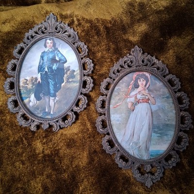 Vintage Blue Boy And Pinkie Framed Pictures Gold Tone Ornate Frame Italy 6.5''