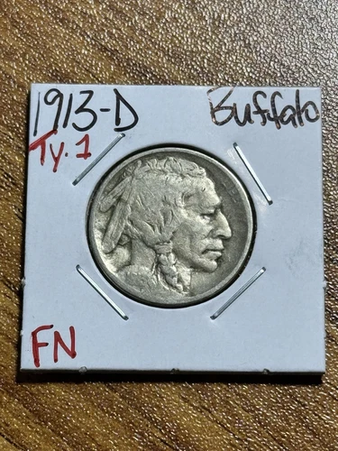 1913 D Type 1 Buffalo Nickel FN Fine Better Date Coin (Raw16088)